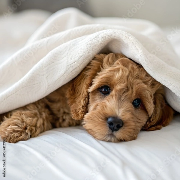 Fototapeta A small golden doodle puppy lies under a white blanket on a bed. The puppy has curly fur and big, expressive eyes, looking curiously at the camera.