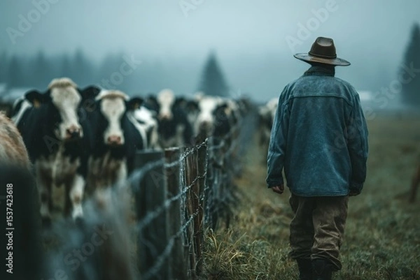 Obraz Farmer wearing a hat and denim jacket walks away from a herd of cows positioned behind a barbed wire fence in a misty field, capturing the essence of rural life and agriculture
