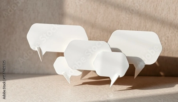 Fototapeta Conceptual communication scene with white speech bubbles and soft lighting