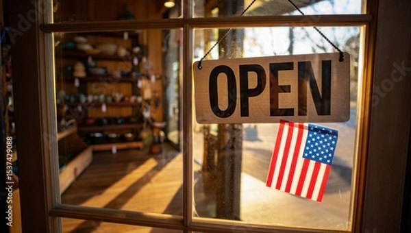 Fototapeta Vintage storefront with “OPEN” sign and small U.S. flag taped to the window, lit by warm sunrise. Symbol of local business and American-made pride