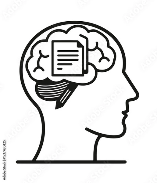 Fototapeta Illustration of a human head silhouette with a brain housing a document and pencil, representing memory and note-taking on a white background with copy space