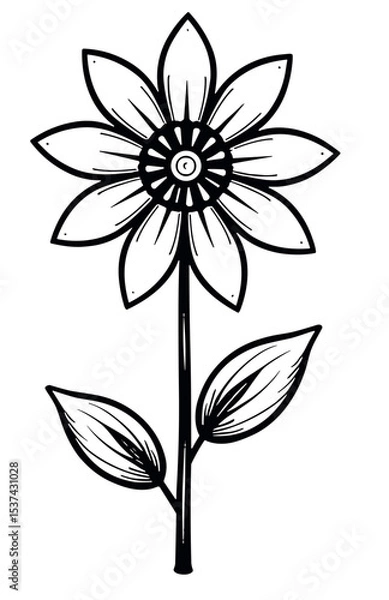 Fototapeta Stylized black and white flower illustration with leaves on a clean background with copy space