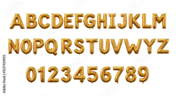 Fototapeta Shiny gold balloon alphabet and numbers. 3d golden letters font for birthday, celebration or party design, isolated on white or transparent background.