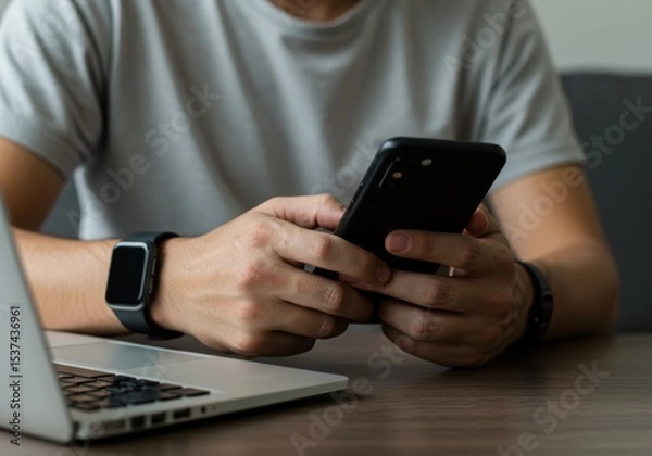 Fototapeta Person using smartphone near laptop computer