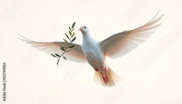 Fototapeta White dove with olive branch, symbol of hope and peace on soft background