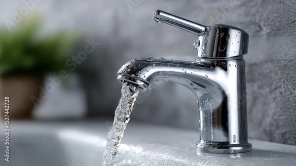 Fototapeta A faucet is dripping water onto a sink. The water is clear and flowing steadily. The sink is white and the faucet is silver