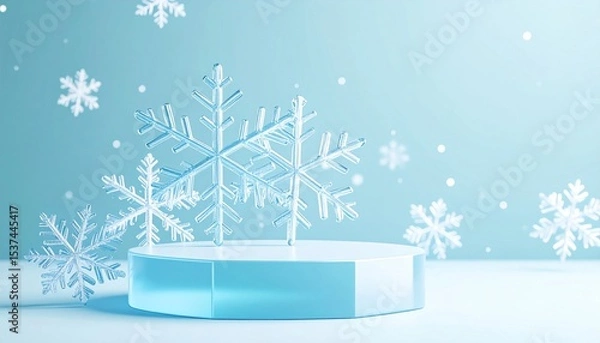 Fototapeta Crystalline Snowflakes on a Blue Hexagonal Platform