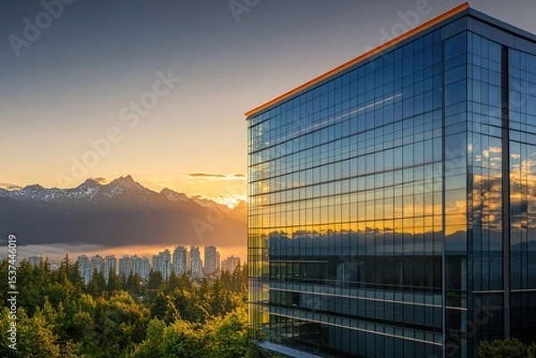 Fototapeta Modern glass building reflects sunset over mountains, city skyline, and trees in a scenic, serene and peaceful environment.