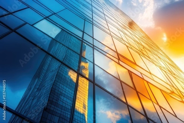 Fototapeta Modern glass skyscraper reflects the sky and the neighboring building with beautiful blue and golden hues during sunset.