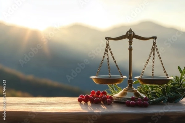 Fototapeta Golden scales with berries and greenery on a wooden surface, mountains in the background, symbolic balance and harmony.