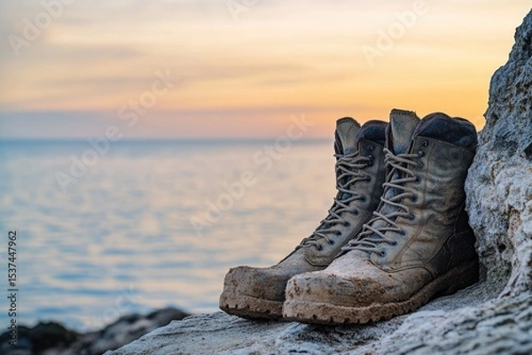 Fototapeta Worn work boots covered in mud, resting on a rock with a sunset and ocean backdrop.