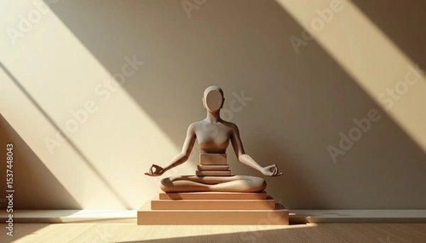 Fototapeta Abstract meditating figure in serene indoor setting illuminated by sunlight
