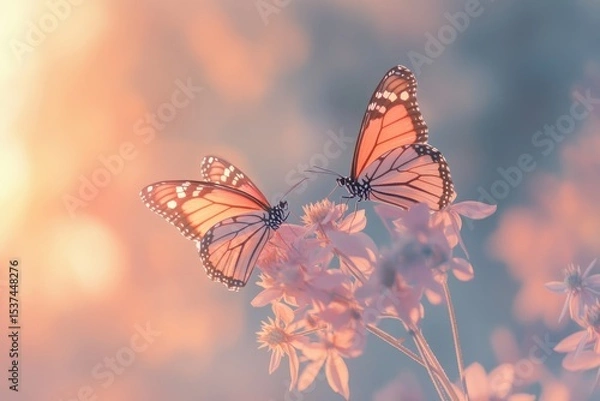 Fototapeta Two vibrant Monarch butterflies delicately perch upon soft pink flowers in a dreamy, ethereal setting, bathed in gentle light.