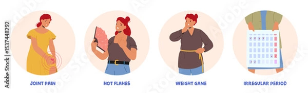 Obraz Woman with menopause suffering from joint pain, hot flames, weight gain, irregular period set