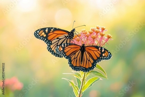 Fototapeta Two monarch butterflies gracefully perched on a vibrant cluster of pink and orange flowers, bathed in soft, golden light.