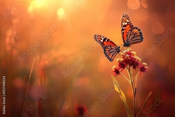 Fototapeta Two monarch butterflies rest on a milkweed flower in a field during golden hour.