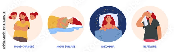 Obraz Woman suffering from insomnia, mood changes, night sweats, headache menopause isolated set