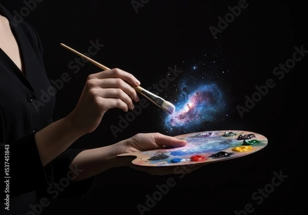 Fototapeta Artist Hands Painting with Stars from a Cosmic Nebula Palette This represents boundless creativity and creation