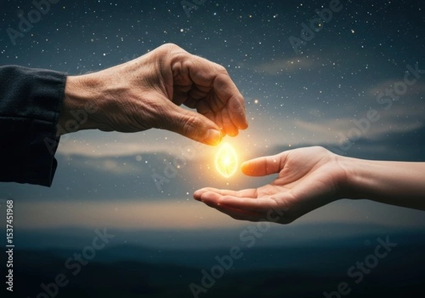 Fototapeta older hand passing a glowing seed of knowledge to a younger hand this is a powerful metaphor for mentorship, passing down knowledge, heritage, and legacy