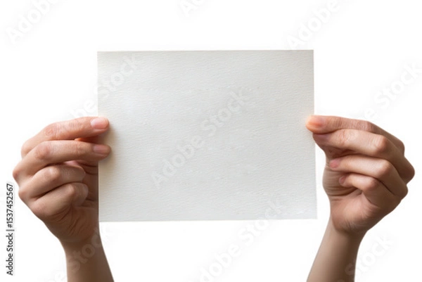 Fototapeta Two hands holding blank white paper square isolated on transparent background
