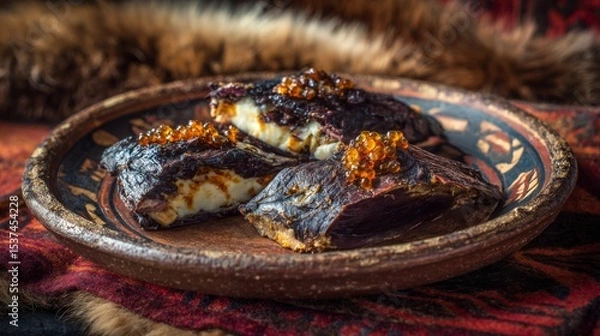 Fototapeta Kiviak: A studio shot fermented seabirds traditional ceramic plate bold intense culturally rich.