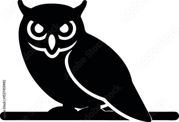 Fototapeta Owl Silhouette Sitting on Branch – Black Vector Icon with Sharp Eyes


