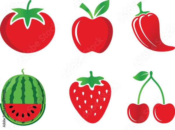 Fototapeta Fresh Produce Icons - Tomato, Apple, Strawberry  and Watermelon. Featuring popular items like tomatoes, apples, watermelons, strawberries, cherries, and chili peppers, these bright and appealing graph