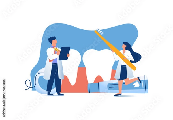Obraz Dentist composition with doodle style human characters of dental doctors vector illustration. Friendly dentist examining