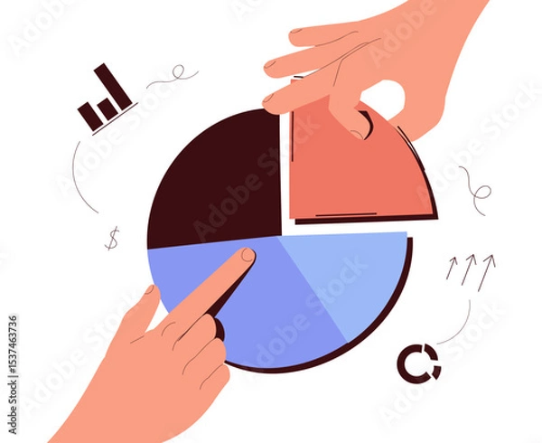 Fototapeta Goals, objectives, plans. Human hands control, taking pieces of muclticolored diagram isolated on light background