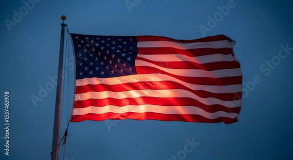 Fototapeta An iconic American flag waving majestically against a deep blue evening sky, illuminated from below, symbolizing patriotism, freedom, and national pride. Ideal for US national holidays, remembrance