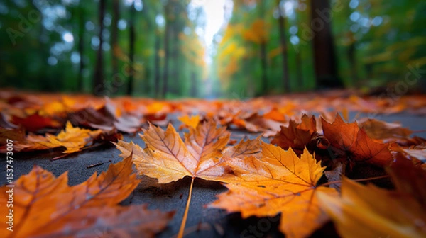 Fototapeta Nahaufnahme von bunten Herbstblättern auf dem Waldboden
