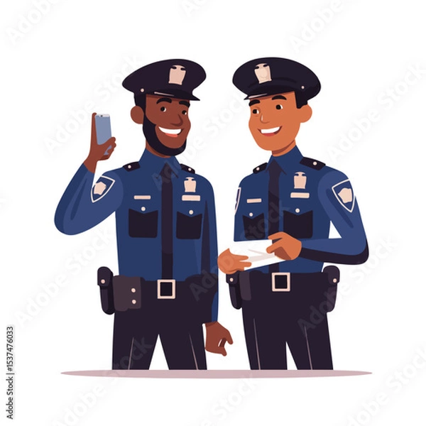 Fototapeta Professional Afroamerican Policeman Working with Two Colleagues in Policeman Uniform Using Technology at Work