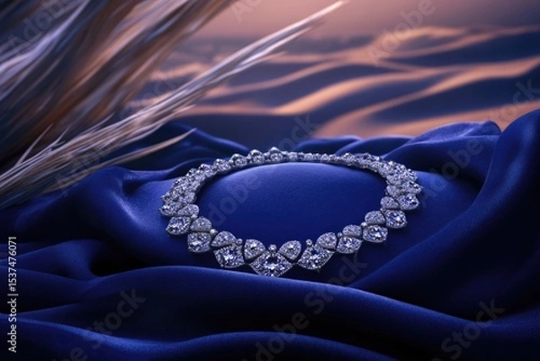 Fototapeta Elegant diamond necklace displayed on draped blue silk fabric with soft lighting creating a luxurious atmosphere.