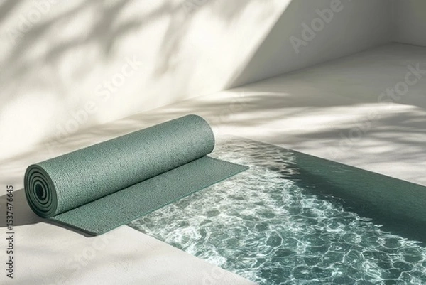 Fototapeta A serene scene of a rolled yoga mat near a shimmering pool under dappled sunlight, suggesting calm and wellness.