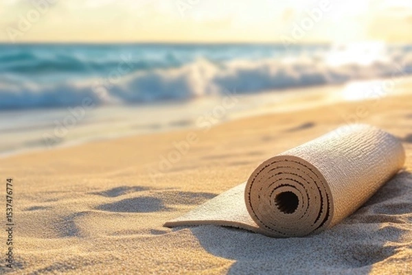 Fototapeta A serene yoga mat on a sandy beach with ocean waves in the background at sunset or sunrise.
