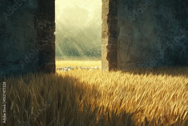 Fototapeta A flock of sheep grazes in a golden wheat field, framed by ancient stone walls with ethereal sunlight.
