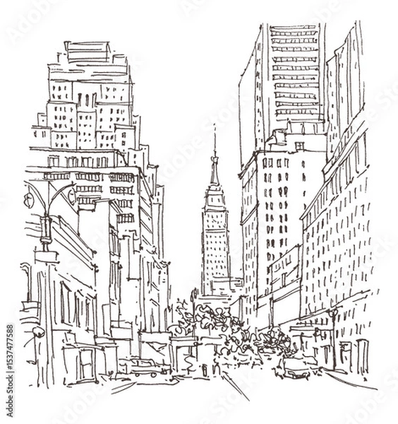 Fototapeta Architecture sketch illustration. Travel sketch of Manhattan, New York, USA. Liner sketches architecture of the street. Freehand drawing. Sketchy line art drawing with a pen on paper.