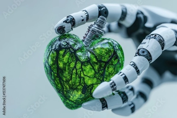 Fototapeta A robotic hand gently cradles a vibrant, green, bio-engineered heart, symbolizing the future of medicine and technology's role in organ regeneration.