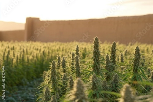 Fototapeta Golden hour bathes a vast cannabis field with a high wall in the background, hinting at cultivation.