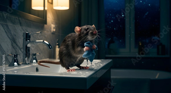 Fototapeta Rat during morning hygiene – A single frame from a humorous and realistic video showing a rat standing on a bathroom sink, holding a tiny towel and performing a morning hygiene routine, cinematic atmo