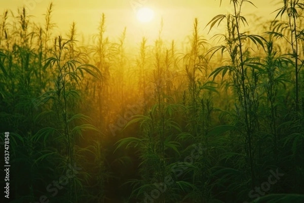 Fototapeta A vibrant field of cannabis plants basks in the golden glow of the setting sun, creating a serene landscape.