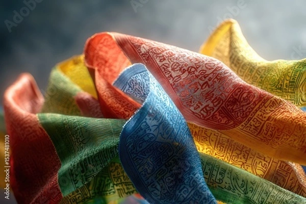 Fototapeta Close-up of vibrant, flowing Tibetan prayer flags, each patterned with intricate scripts in various colors: red, blue, green and yellow.