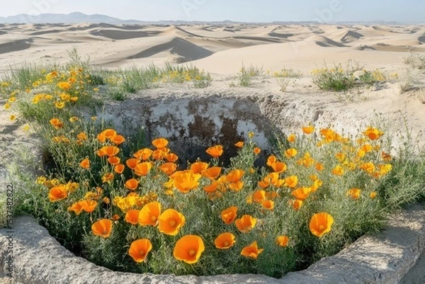 Fototapeta A vibrant patch of orange poppies blooms in a desert landscape, contrasting with the distant sand dunes and clear blue sky.