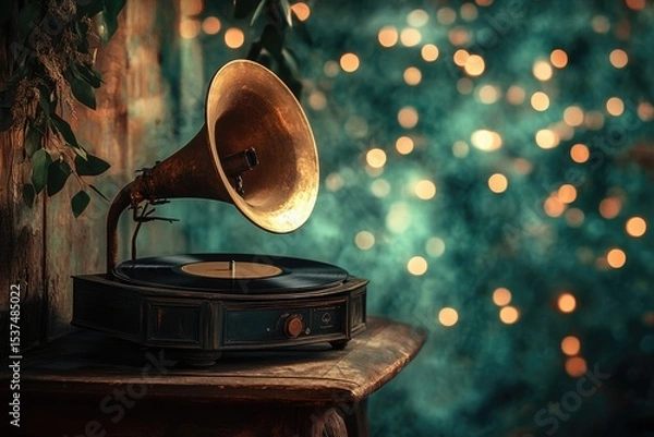 Fototapeta Vintage gramophone with a vinyl record sits on a wooden table with soft bokeh lights in the background.