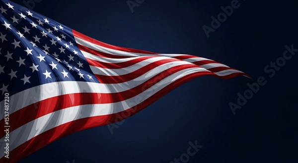 Fototapeta Waving American flag vector illustration with elegant folds on a dark blue background, symbolizing patriotism, independence, and national pride. Ideal for Fourth of July, Memorial Day, Veterans Day