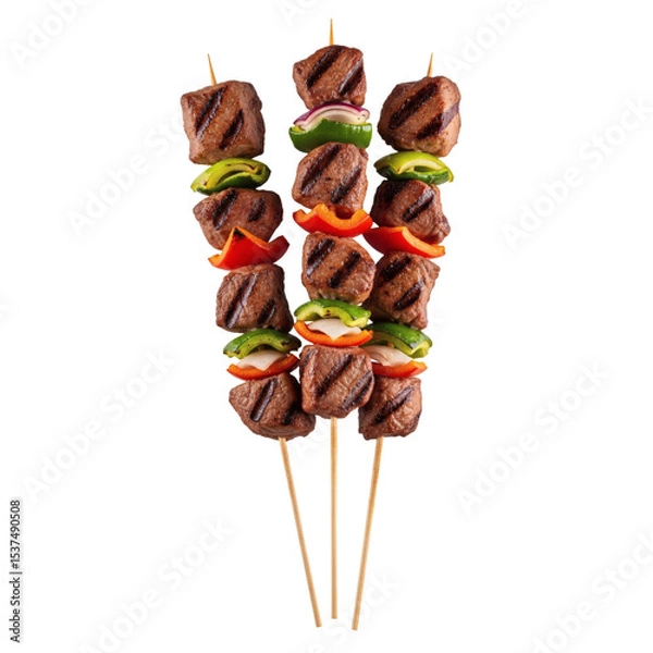 Fototapeta Grilled meat and vegetable skewers, isolated on transparent background