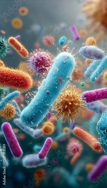 Fototapeta Colorful Tapestry of Microorganisms Captured Microscopically Bacteria, Viruses, and Diversity