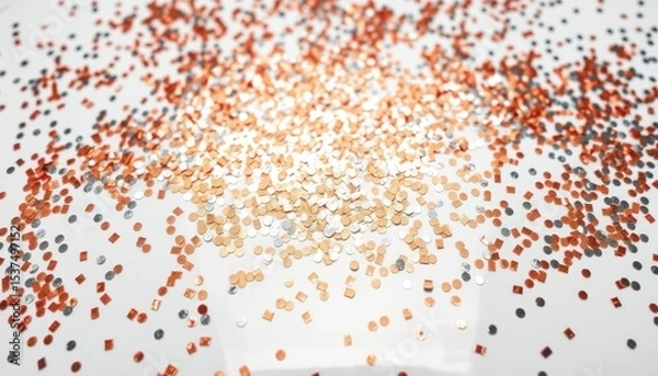 Fototapeta Scattered Metallic Confetti on a White Surface, Abstract Decorative Texture