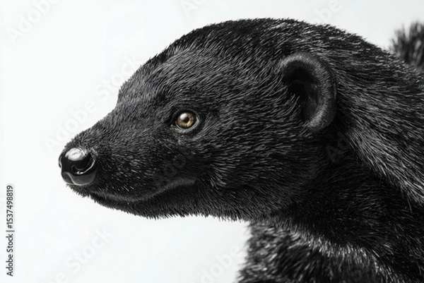 Fototapeta Black-furred animal with textured fur, sharp brown eye, and glistening nose. The close-up side profile captures intricate details of the coat and distinct ear shape against the light
