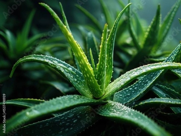 Fototapeta Close-up of vibrant green succulent leaves with sharp tips and textured surface, glistening with water droplets. The plant's lush appearance creates an impression of freshness and vitality